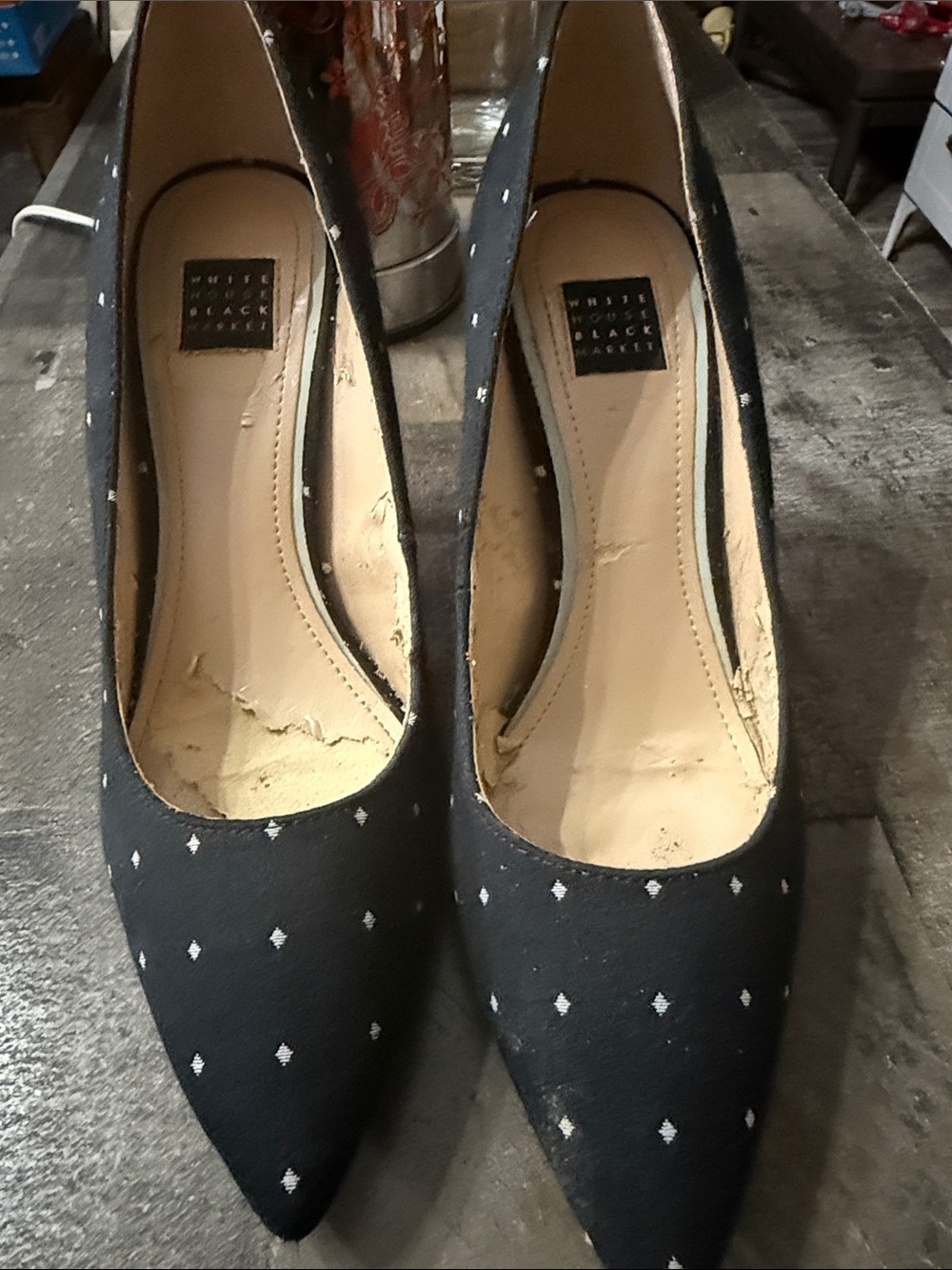 White House Black Market Black Pointed Pumps with Silver Dot Accents